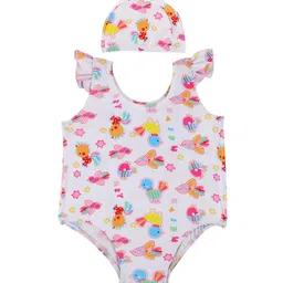 Yellow Bee Girls Multicolored Printed Swimwear With Cap-image-100