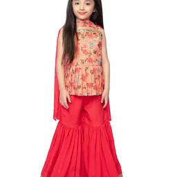 Tiny Kingdom Girls Floral Printed Mirror Work Kurti with Sharara & Dupatta-picture-44