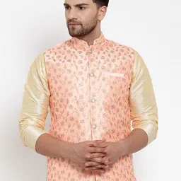 KRAFT INDIA Men Peach-Coloured & Gold-Coloured Woven Embroidered Nehrujacket-58