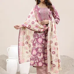 Libas Floral Printed Thread Work Straight Kurta With Trousers & Dupatta-35