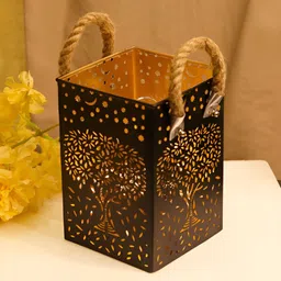 House of Sajja Black& Yellow Textured Tree Design Candle Holder-image-68