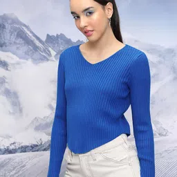 Tokyo Talkies Blue V-Neck Pullover-image-98