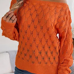 StyleCast Orange Open Knit Self Design Acrylic Pullover Sweater-image-87