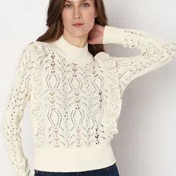 Vero Moda Self Design Turtle Neck Open Knit Pullover-55