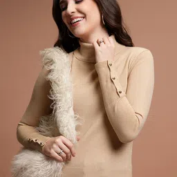 Tokyo Talkies Beige Ribbed Turtle Neck Acrylic Pullover-image-15
