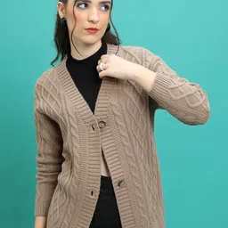 Tokyo Talkies Brown Cable Knit Self Design V-Neck Acrylic Cardigan-image-74