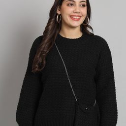 BROOWL Cable Knit Self Design Ribbed Woollen Pullover-75