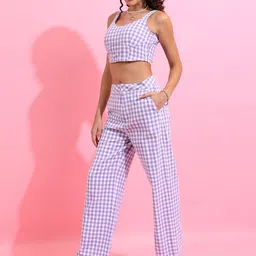 Tokyo Talkies Checked Scoop Neck Pure Cotton Crop Top with Trousers-56