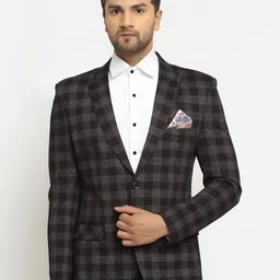 LUXURAZI Men Grey & Black Checked Single Breasted Tweed Blazer-picture-49