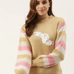 Duke Women Beige & White Floral Applique Detail Pullover-image-43