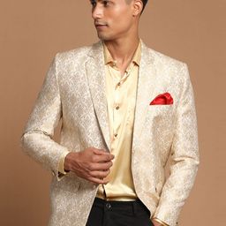 VASTRAMAY Men Gold-Colored Self Design Blazer-image-22