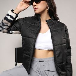 Campus Sutra Black Camouflage Printed Windcheater Padded Jacket-image-100