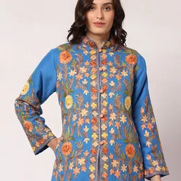 CRAFTBAZAR Embroidered Stand Collar Woollen Open Front Jacket-12