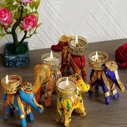 Divyakosh Blue & Yellow 5-Pieces Elephant Candle Holders With Candle Wax-14