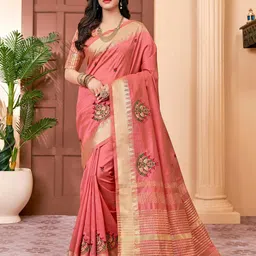 Mitera Peach & Red Floral Embroidered Assam Silk Cotton Banarasi Saree-picture-30