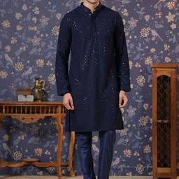 House of Pataudi Navy Blue Ethnic Motifs Embroidered Straight Kurta With Churidar-picture-48
