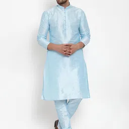 KRAFT INDIA Men Turquoise Blue Striped Regular Dupion Silk Kurta with Pyjamas-image-38