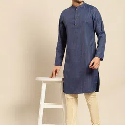 Amodh by Kisah Men Navy Blue Woven Stripes Kurta with Churidar-image-45