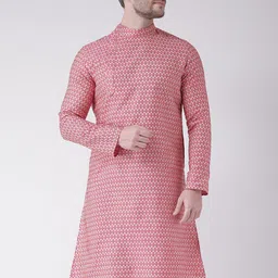 DEYANN Men Pink Woven Design Angrakha Kurta with Churidar-image-12