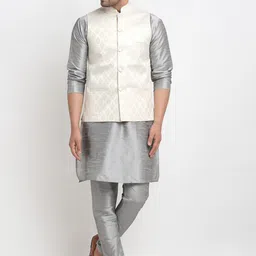 Kaifoo Men Grey Kurta with Churidar & Nehru Jacket-picture-32