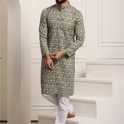 SOJANYA Men Green Printed Cotton Kurta with Churidar-picture-17