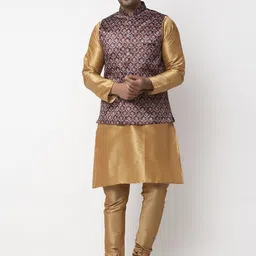 Benstoke Men Gold-Toned Printed Kurta with Churidar & Nehru Jacket-image-99