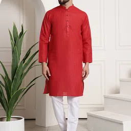 SOJANYA Men Red & White Woven Design Kurta with Churidar-picture-3