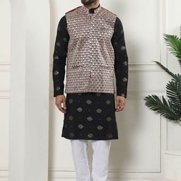 SOJANYA Geometric Embroidered Sequinned Cotton Silk Kurta With Churidar & Nehru Jacket-picture-11