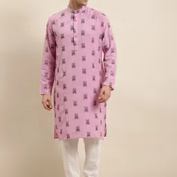 SOJANYA Men Pink & White Woven Design Cotton Kurta with Churidar-image-29