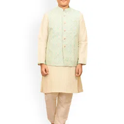 Manyavar Boys Green Ethnic Motifs Layered Kurta with Churidar with Nehru Jacket-37