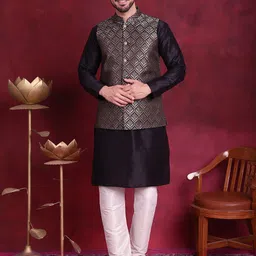 Jompers Mandarin Collar Regular Kurta With Churidar & Woven Design Nehru Jacket-picture-10