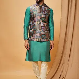 KISAH Mandarin Collar Regular Kurta With Churidar & Nehru Jacket-picture-8
