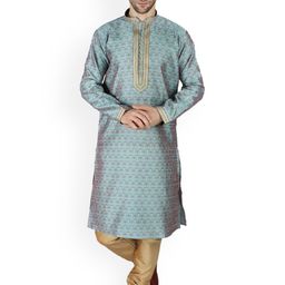 Exotic India Ethnic Motifs Mandarin Collar Zari Placket Silk Blend Kurta with Churidar-picture-38