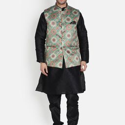Armaan Ethnic Mandarin Collar Dupion Silk Kurta with Churidar And Printed Nehru Jacket-10