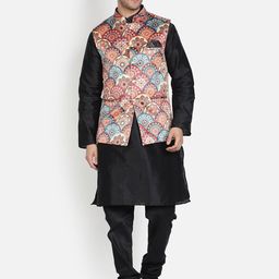 Armaan Ethnic Mandarin Collar Dupion Silk Kurta with Churidar And Printed Nehru Jacket-9