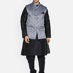 Armaan Ethnic Mandarin Collar Dupion Silk Kurta with Churidar And Printed Nehru Jacket-6