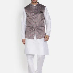 Armaan Ethnic Mandarin Collar Dupion Silk Kurta with Churidar And Printed Nehru Jacket-59