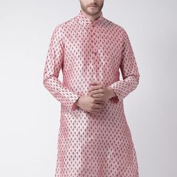 DEYANN Men Peach-Coloured Ethnic Motifs Printed Dupion Silk Kurta with Churidar-picture-17