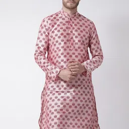 DEYANN Men Peach-Coloured & Maroon Floral Dupion Silk Kurta with Churidar-10