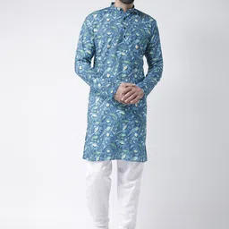 Hangup Men Blue Floral Printed Pure Cotton Kurta with Churidar-image-24