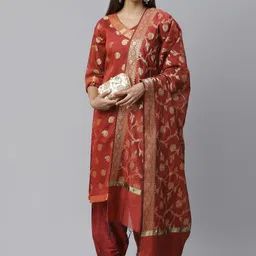 Chhabra 555 Maroon & Golden Woven Design Unstitched Banarasi Dress Material-image-42