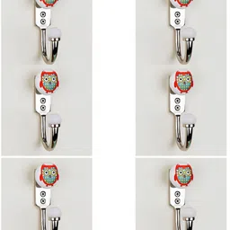 IndianShelf White & Red 6 Pieces Ceramic & Zinc Owl Wall Mounted Wall Hooks-17