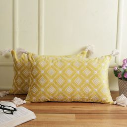 eyda Yellow & White Set of 2 Embroidered Velvet Rectangle Cushion Covers-21
