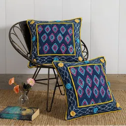 HANDICRAFT PALACE Blue & Yellow Set of 2 Geometric Square Cushion Covers-18