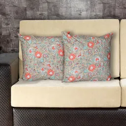 INDHOME LIFE Peach-Coloured & Green Set of 2 Floral Square Cushion Covers-35