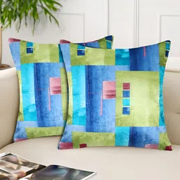 Tesmare Blue & Olive Green 2 Pieces Geometric Velvet Square Cushion Covers-picture-13