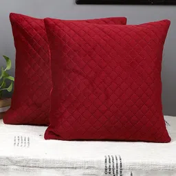 MFD HOME FURNISHING Maroon 2 Pieces Checked Velvet Square Cushion Covers-29
