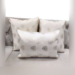 Good Vibes Cream-Coloured 3 Pieces Floral Jacquard Rectangle Cushion Covers-54