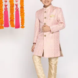 VASTRAMAY Boys Pink & Gold-Coloured Woven-Design Brocade Slim Fit Sherwani Set-8
