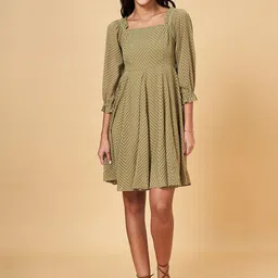 Honey by Pantaloons Self Design Square Neck Puff Sleeves Fit & Flare Dress-image-60